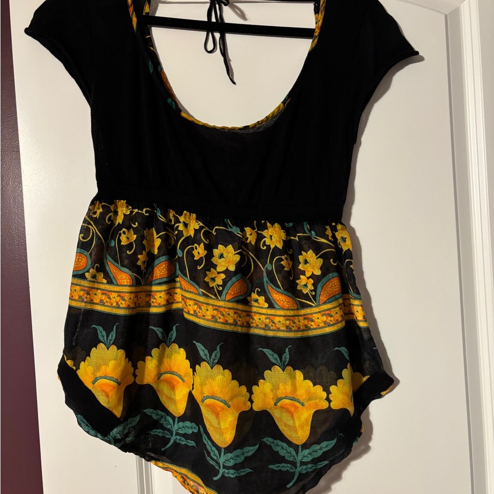 Free People Floral Black and Yellow Blouse
